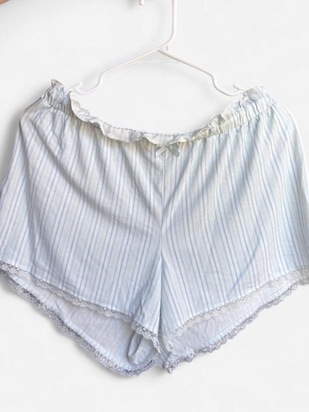Women's Light Blue Striped Lace-Trim Sleep Shorts